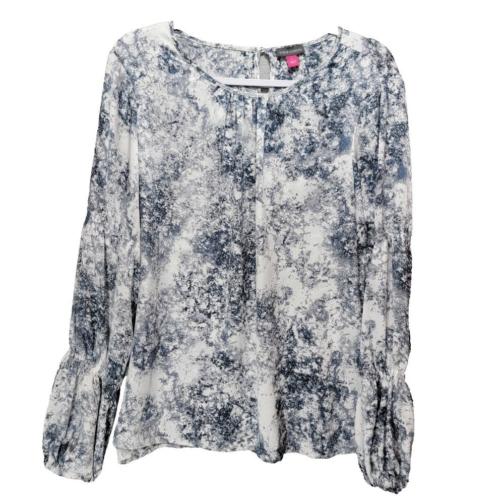 Vince Camuto Puff Sleeve Blouse Women L Pullover Abstract Watercolor Grey Ruched